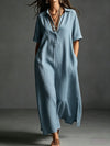 Polyester and Cotton Women's Clothing Dress Spring And Summer New Cotton And Linen Simple And Elegant Pure Color Short-Sleeved Lapel Dress