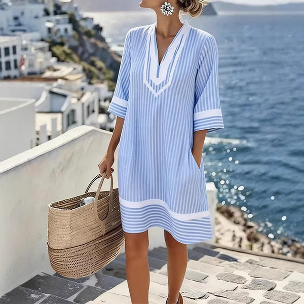Polyester V-Neck Print Loose Beach Dress Short-Sleeved