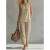 Polyester Solid Color Linen V-Neck Sleeveless Top And Wide-Leg Pants Two-Piece Set
