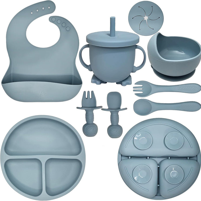 Cross-border Food Grade Silicone Children's Feeding Tableware Suit Bib Spoon Fork Dining Bowl Infant Food Supplies Maternal And Infant Supplies