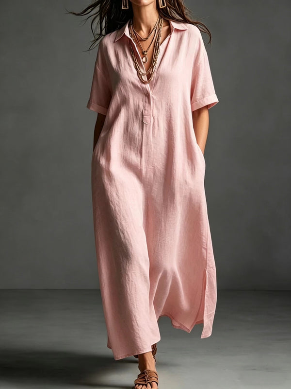 Polyester and Cotton Women's Clothing Dress Spring And Summer New Cotton And Linen Simple And Elegant Pure Color Short-Sleeved Lapel Dress
