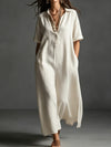 Polyester and Cotton Women's Clothing Dress Spring And Summer New Cotton And Linen Simple And Elegant Pure Color Short-Sleeved Lapel Dress