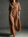 Polyester and Cotton Women's Clothing Dress Spring And Summer New Cotton And Linen Simple And Elegant Pure Color Short-Sleeved Lapel Dress