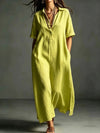 Polyester and Cotton Women's Clothing Dress Spring And Summer New Cotton And Linen Simple And Elegant Pure Color Short-Sleeved Lapel Dress