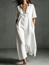 Polyester and Cotton Women's Clothing Dress Spring And Summer New Cotton And Linen Simple And Elegant Pure Color Short-Sleeved Lapel Dress