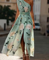 Polyester Digital Print Sleeveless Vest Belt Dress Long Dress