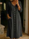 Long-Sleeved Cotton And Linen Buttoned Women's Long Dress