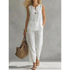 Polyester Solid Color Linen V-Neck Sleeveless Top And Wide-Leg Pants Two-Piece Set