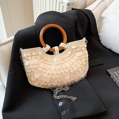 New Fairy-Style Handmade Shell Bag With Wooden Handle, Beach Vacation Chain Shoulder Crossbody Bag