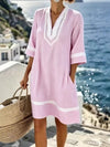 Polyester V-Neck Print Loose Beach Dress Short-Sleeved