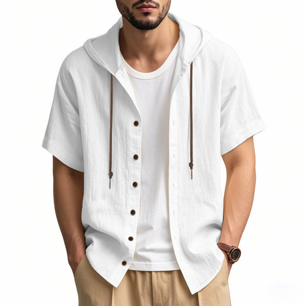 Casual Linen Hooded Shirt Solid Color Breathable Cotton And Linen Short-sleeved shirt