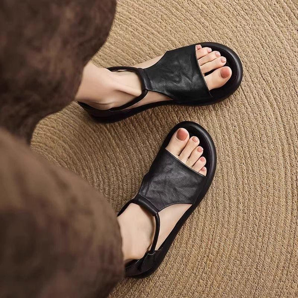 Rubber Niche Retro Thick-Soled Open-Toe Sandals For Women 2026 Summer Outdoor Hollow Casual Comfortable Flat Roman Shoes For Daily Wear