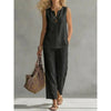 Polyester Solid Color Linen V-Neck Sleeveless Top And Wide-Leg Pants Two-Piece Set